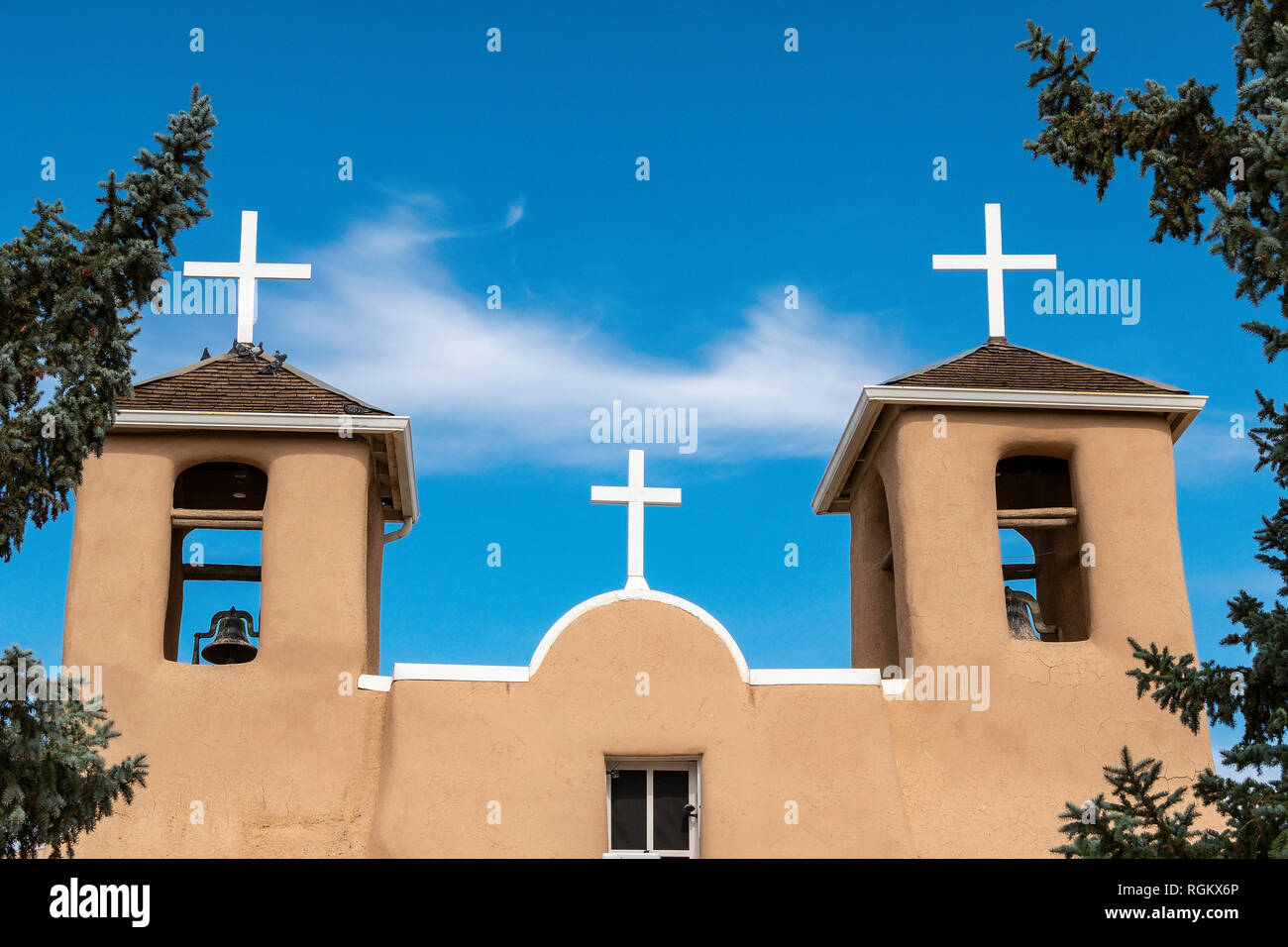 White crosses on the adobe San Francisco de Asis church in Ranchos de Taos, New Mexico, USA Stock Photo