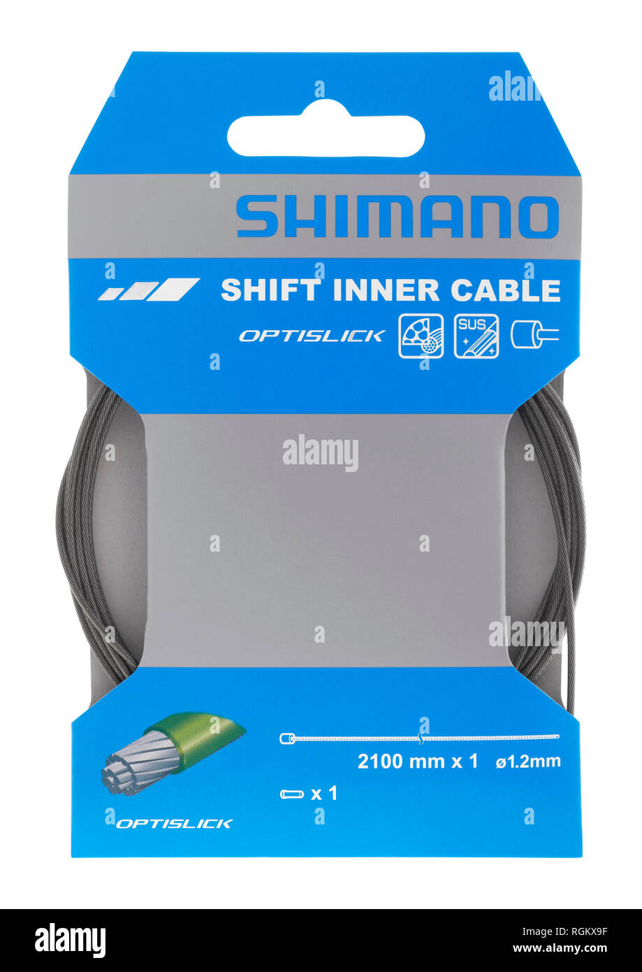 Shimano optislick shift inner gear cable on hwite background Stock Photo