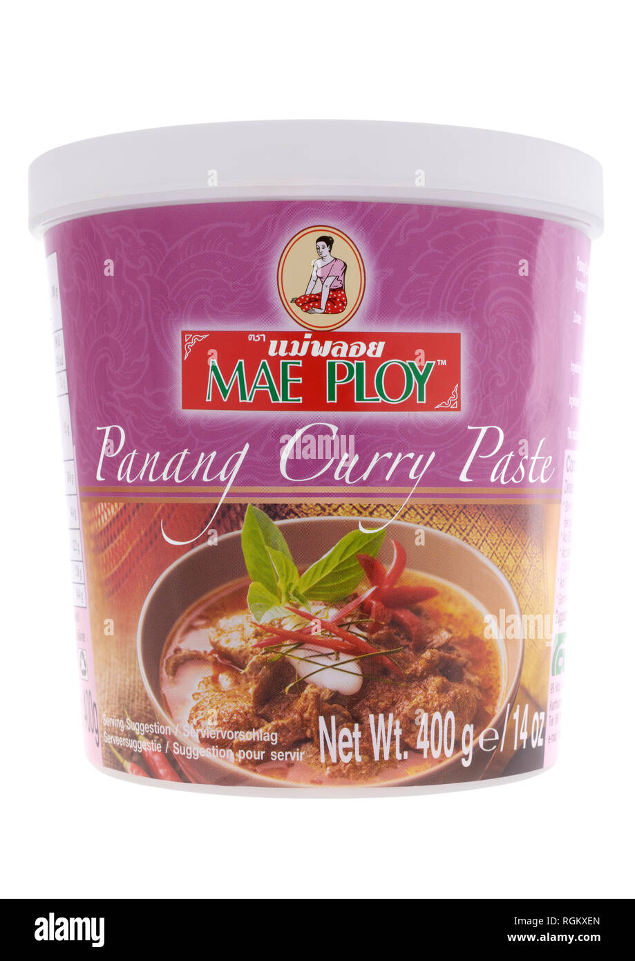 Tub of Mae Ploy panang curry paste on white background Stock Photo