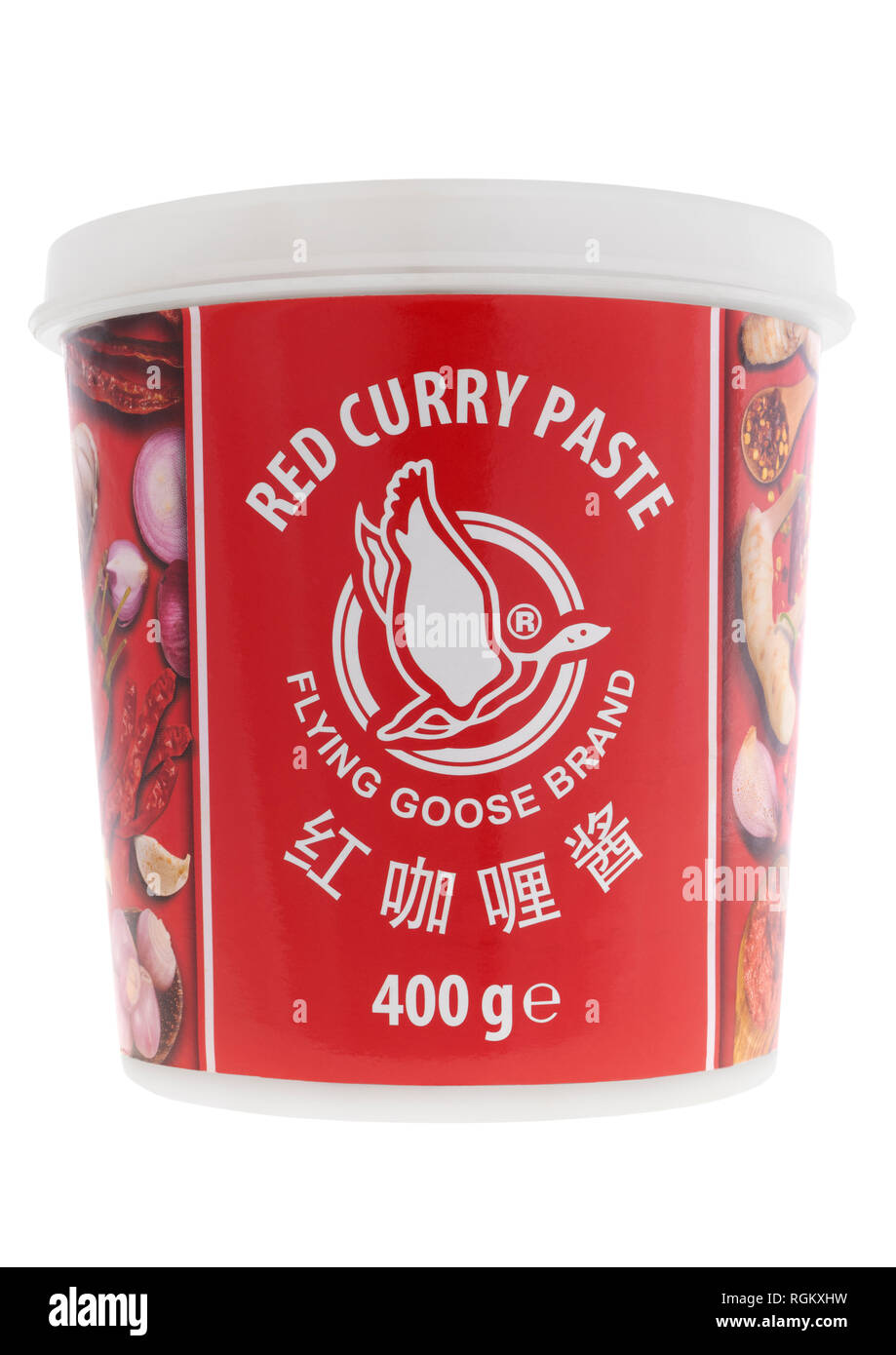 Tub of Flying Goose Brand red curry paste on white background
