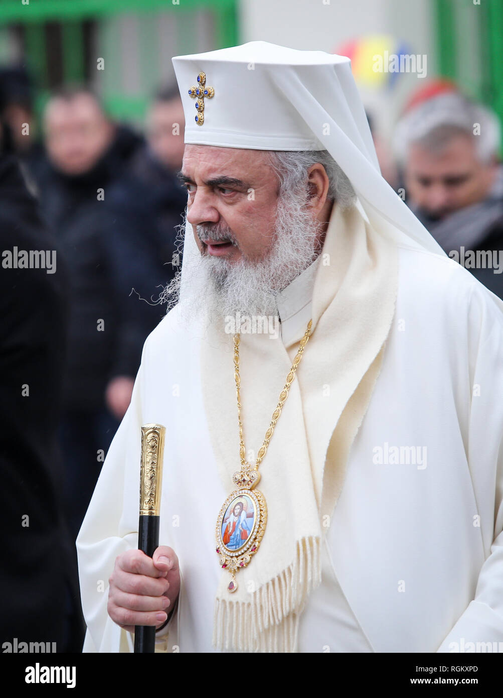 Bucharest, Romania - January 24, 2019: Romanian Orthodox Patriarch Daniel takes part at a celebration of the Union of the Principalities of Moldavia a Stock Photo
