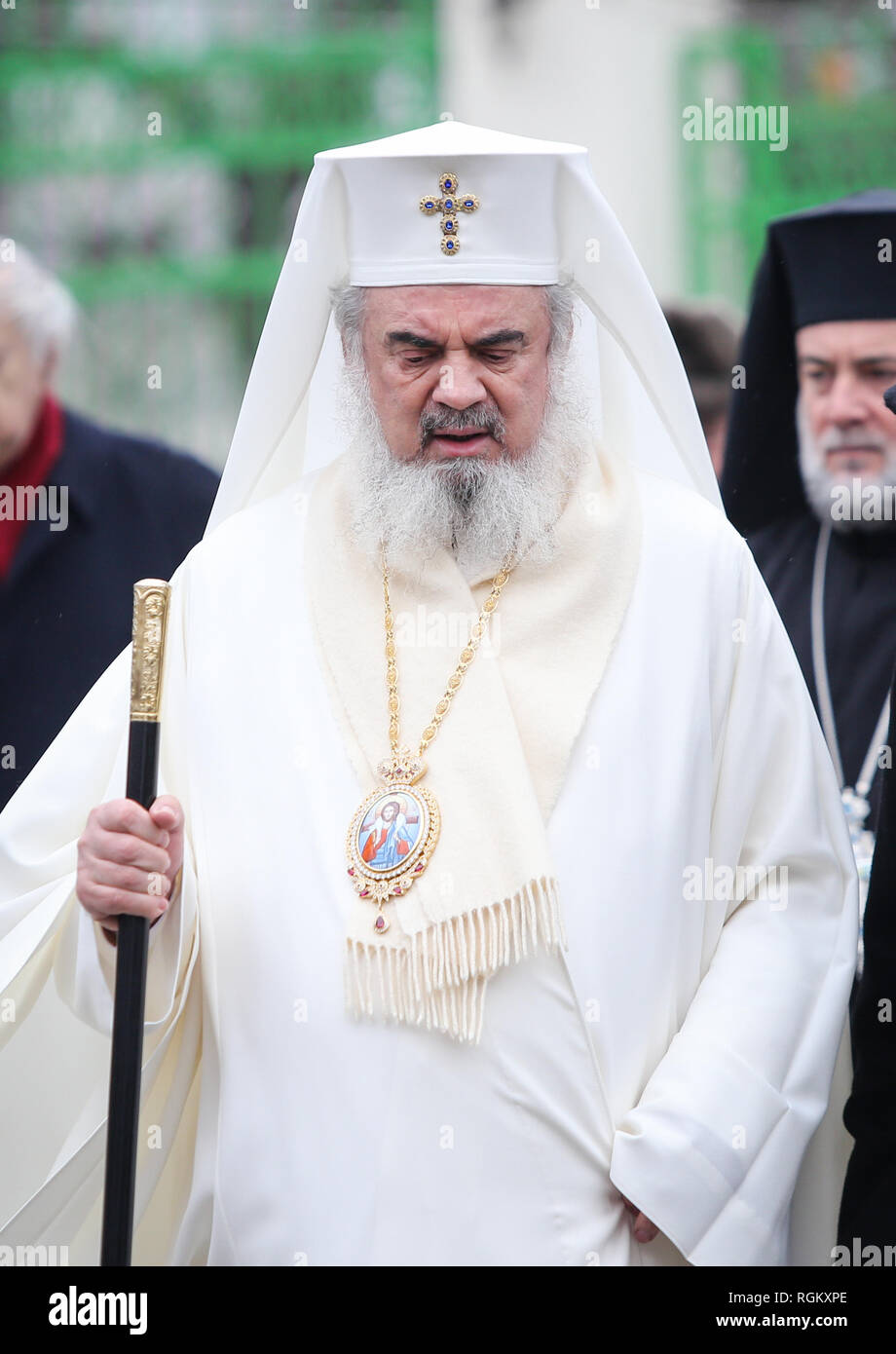 Bucharest, Romania - January 24, 2019: Romanian Orthodox Patriarch Daniel takes part at a celebration of the Union of the Principalities of Moldavia a Stock Photo