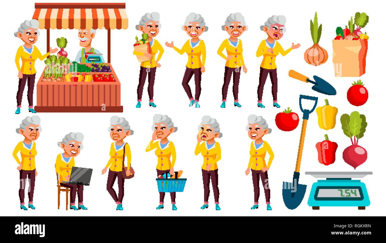 Asian Old Woman Poses Set Vector. Elderly People. Ecological Vegetables, Market. Senior Person. Aged. Cute Retiree. Activity. Advertisement Stock Vector