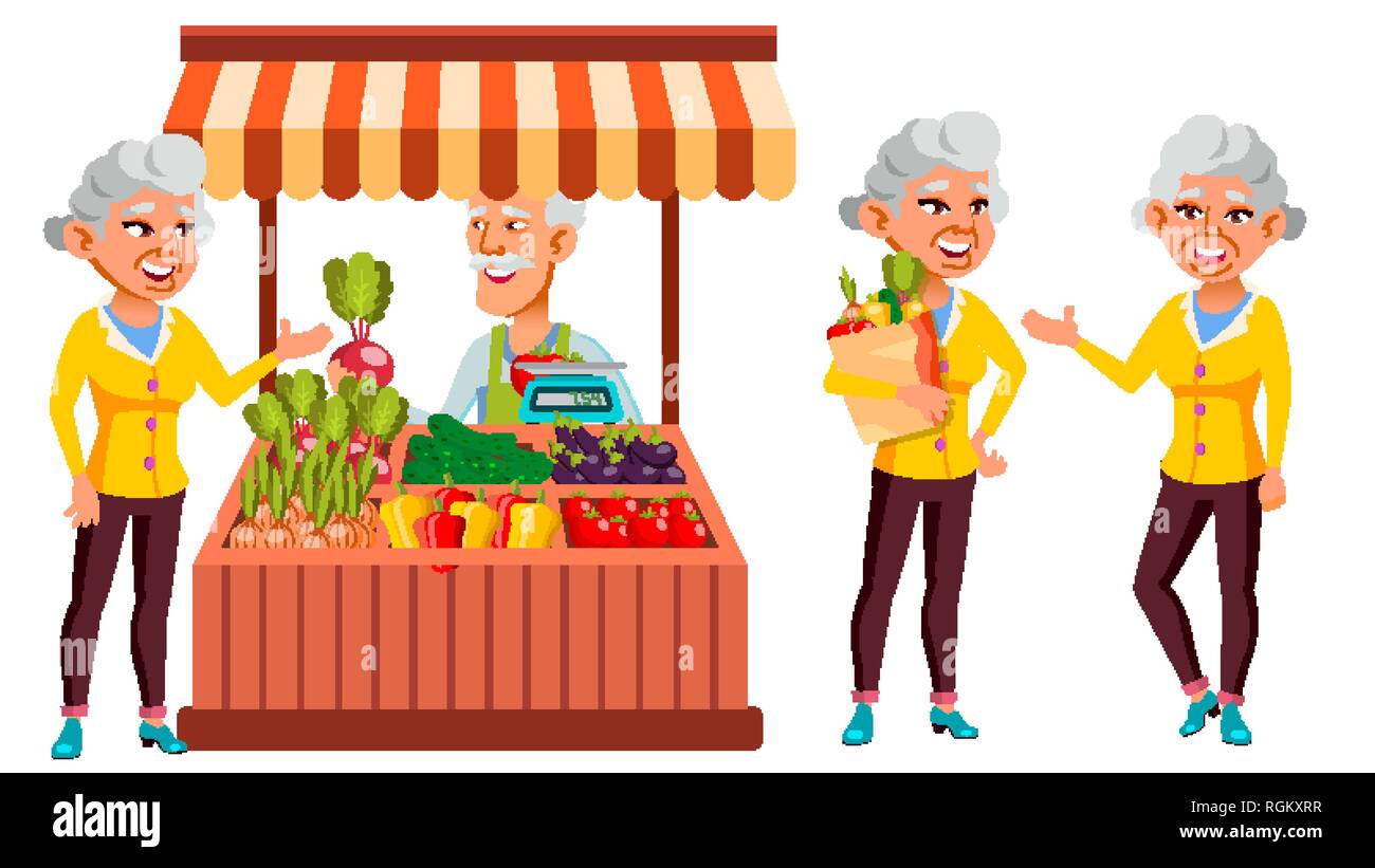 Asian Old Woman Poses Set Vector. Elderly People. Ecological Vegetables, Market. Senior Person. Aged. Comic Pensioner. Lifestyle. Postcard, Cover Stock Vector