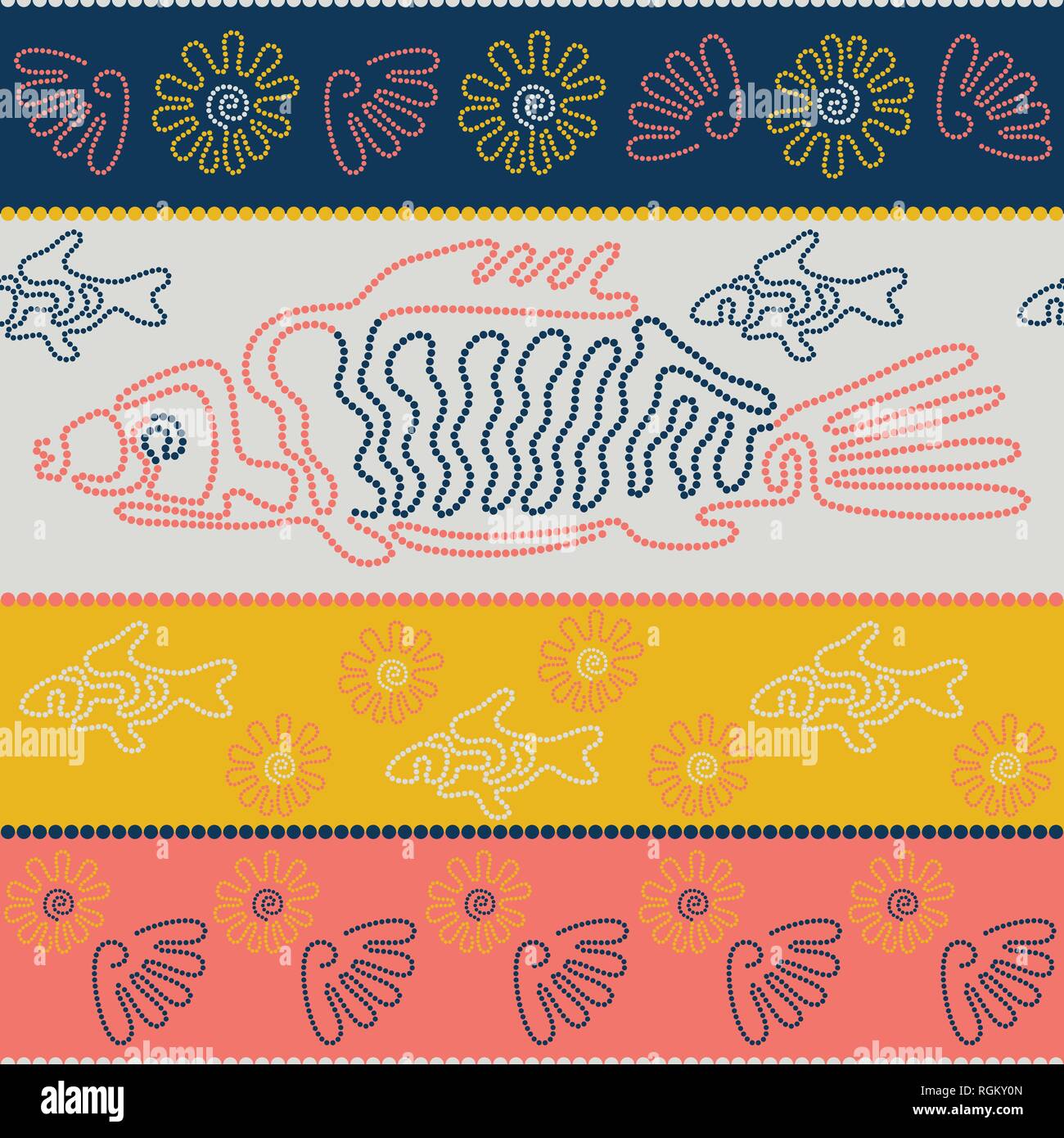 Fish and shells. Point Art. Australian Aboriginal art. Limited color palette. Horizontal stripes. Seamless pattern Stock Vector