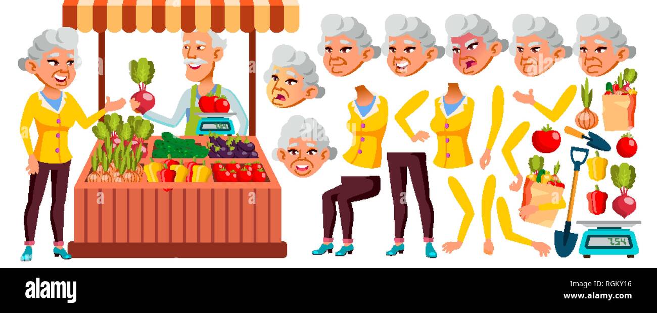 Asian Old Woman Vector. Senior Person Portrait. Elderly People. Aged. Animation Creation Set. Ecological Vegetables, Market. Emotions, Gestures Stock Vector