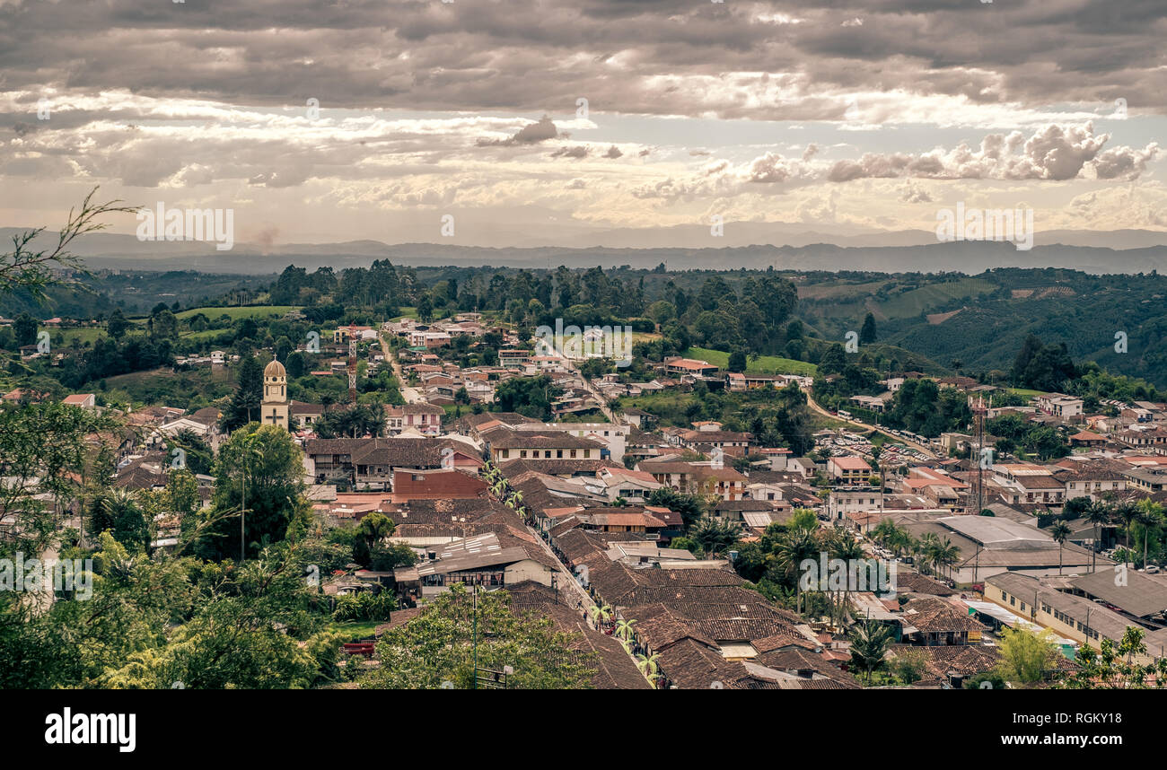 Aerial view of the town of Salento, Quindío, Colombia. Coffee production area. Stock Photo