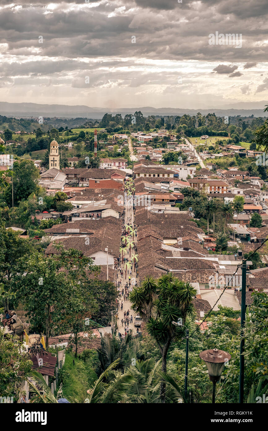 Aerial view of the town of Salento, Quindío, Colombia. Coffee production area. Stock Photo