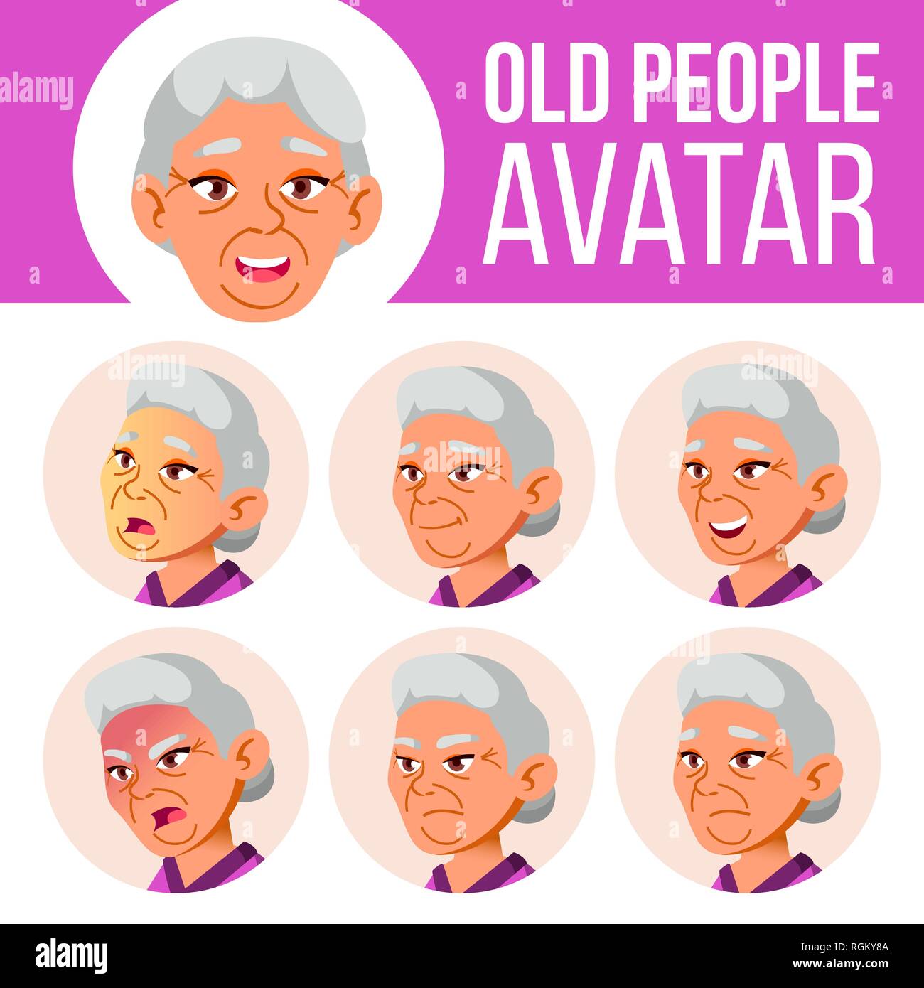 Asian Old Woman Avatar Set Vector. Face Emotions. Senior Person Portrait. Elderly People. Aged. Emotions, Emotional. Casual. Cartoon Head Illustration Stock Vector