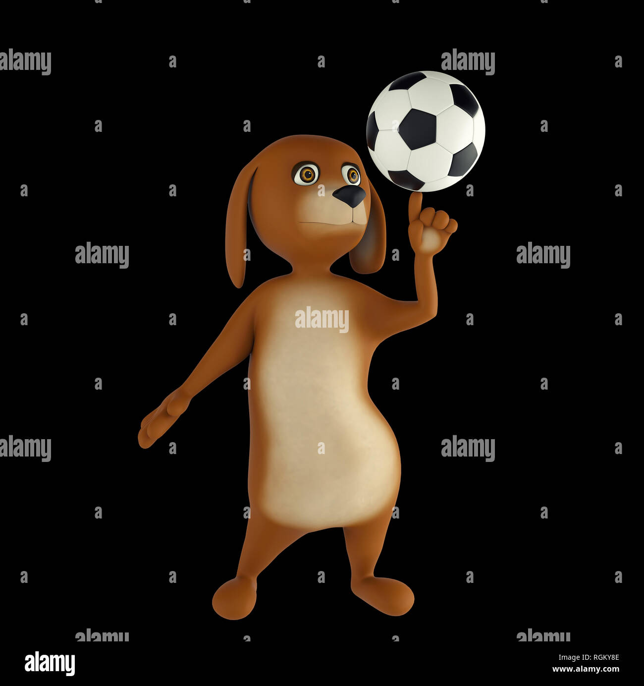 Cartoon dog is playing football. Isolated on black background. 3d rendering Stock Photo