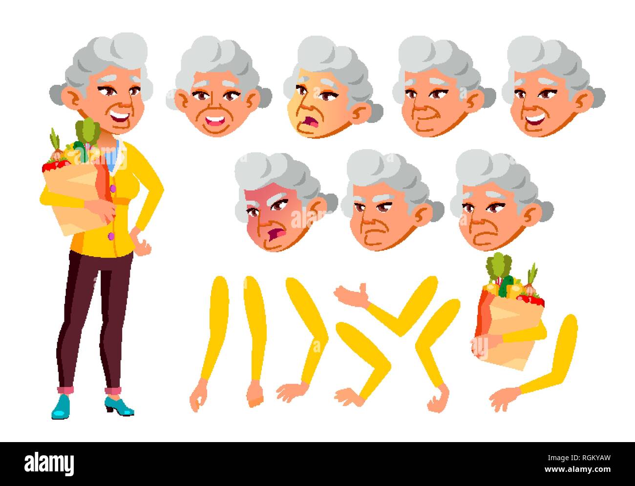 Asian Old Woman Vector. Senior Person. Aged, Elderly People. Activity, Beautiful. Face Emotions, Various Gestures. Animation Creation Set. Isolated Stock Vector
