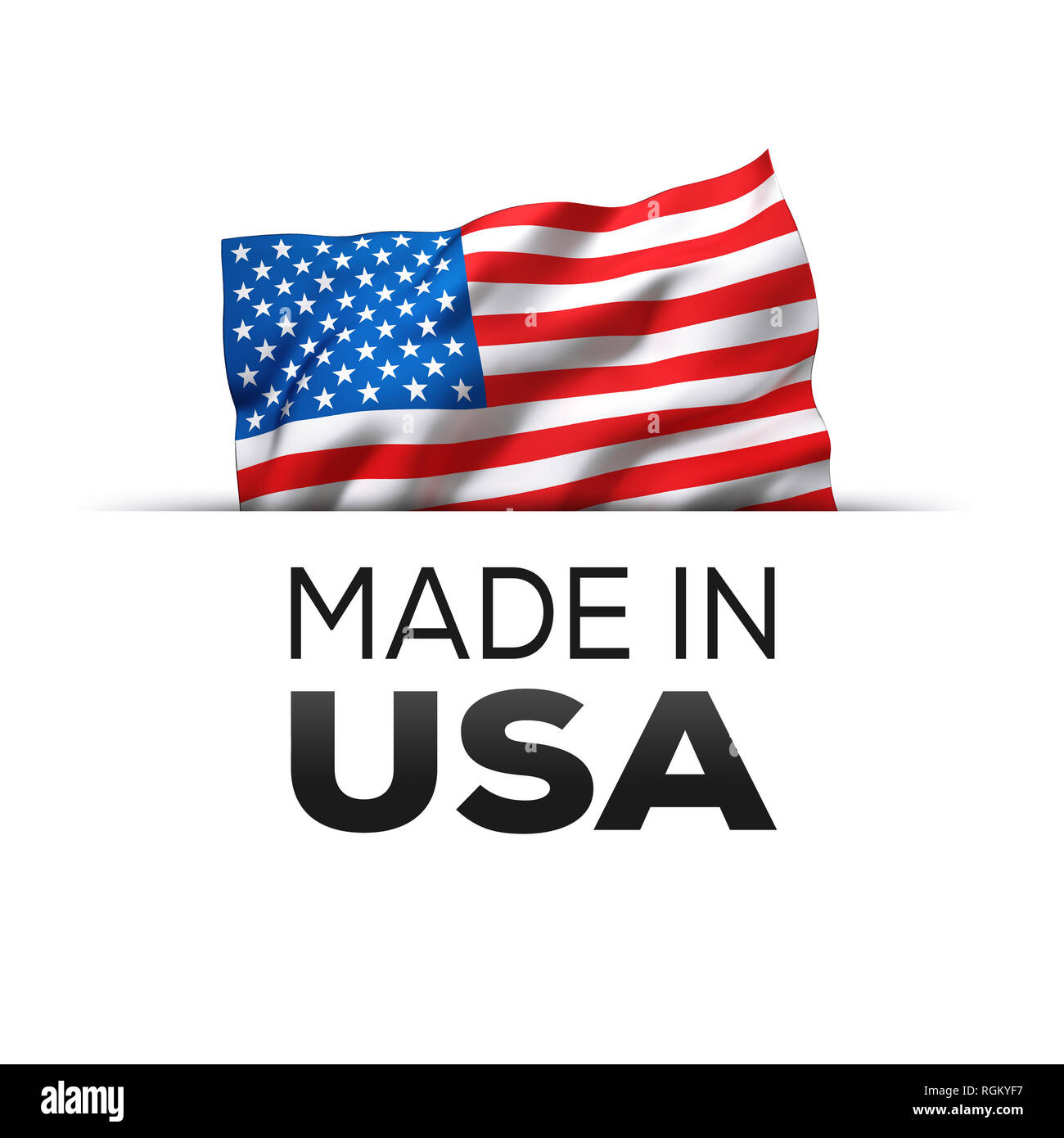 Made in USA - Guarantee label with a waving flag of the United States of America. Stock Photo