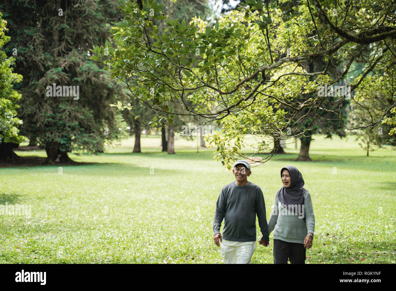 asian senior couple walking in the park and hold hand Stock Photo - Alamy