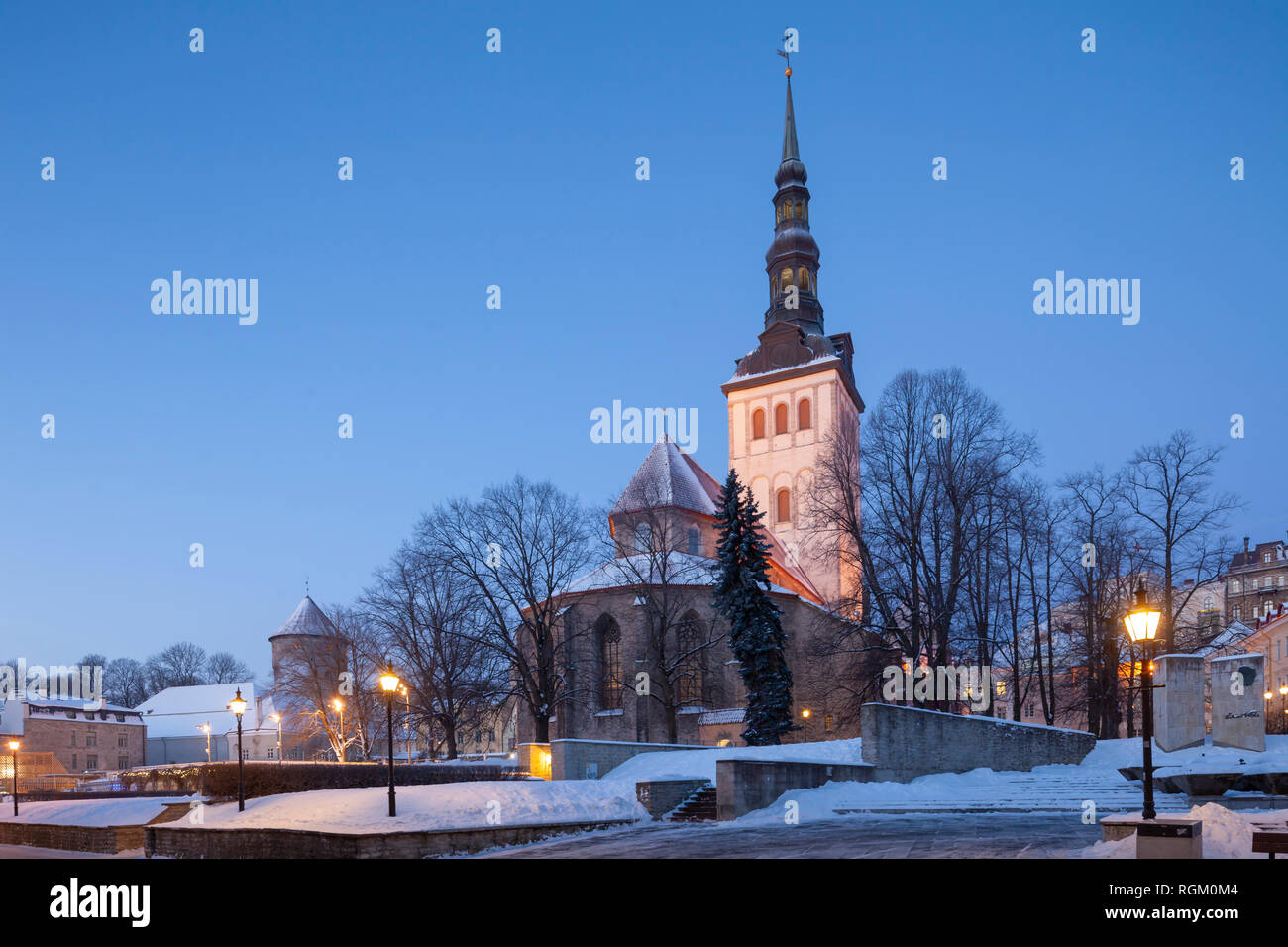 Winter dawn at St Nicholas church in Tallinn, Estonia. Stock Photo