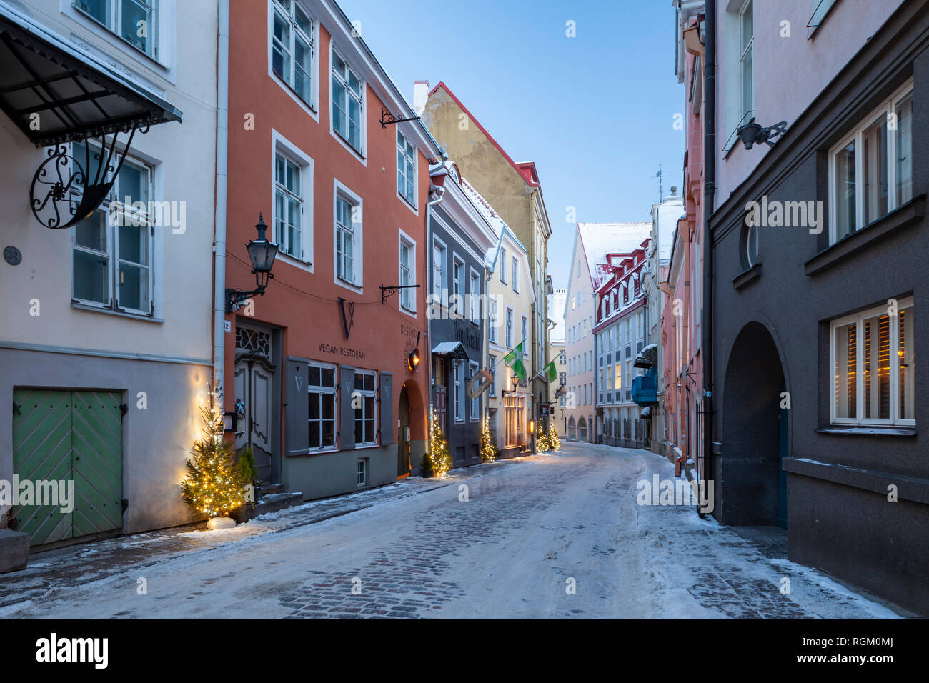 Winter dawn in old town of Tallinn, Estonia. Stock Photo