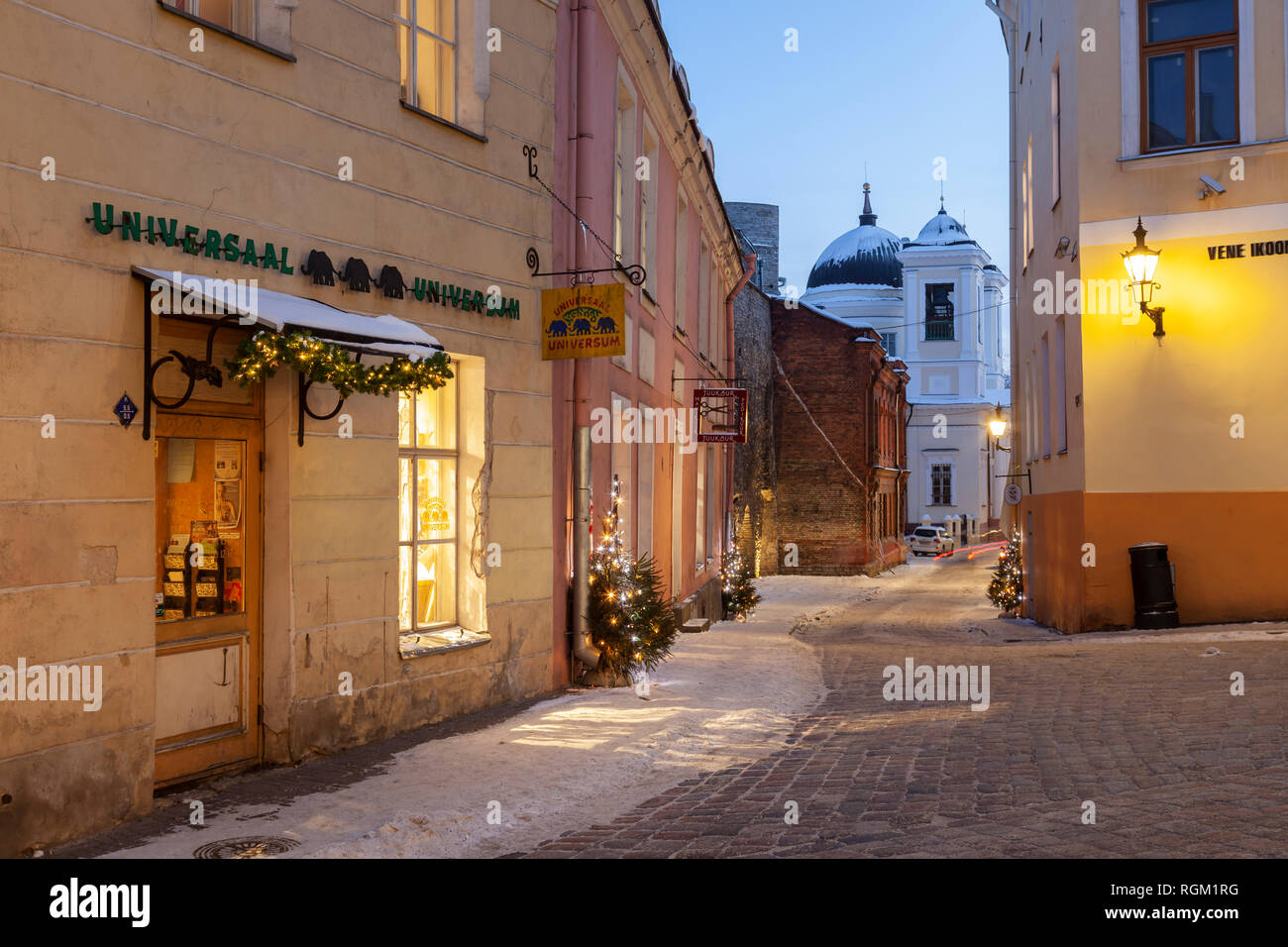 Winter evening in Tallinn old town, Estonia. Stock Photo