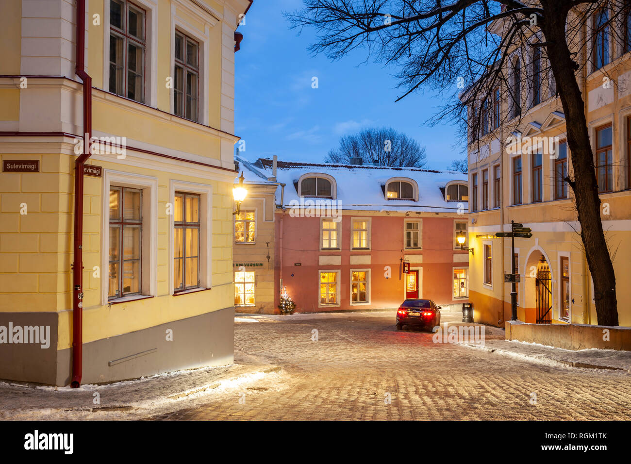 Winter evening in old town of Tallinn, Estonia. Stock Photo