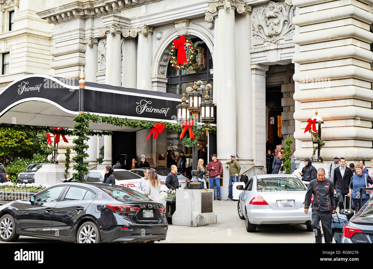 San Francisco, California, USA - December 15, 2018: Christmas for Tourists and Travelers at the busy Fairmont Hotel Stock Photo