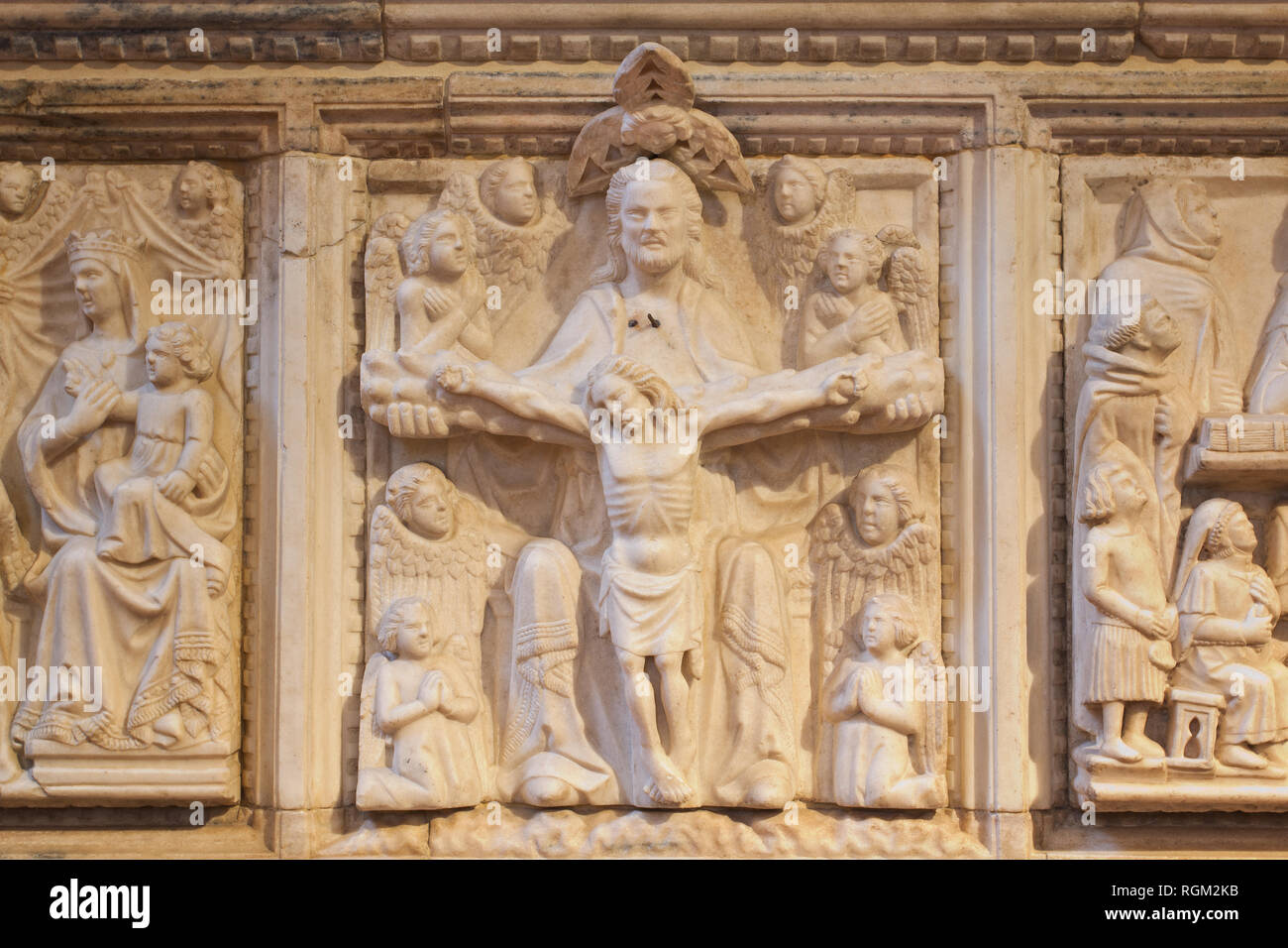 Resurrection - God holding crucified Jesus in his hand - Detail of the Aliprandi's sarcophagus (14th C) - Church of san Marco - Milan Stock Photo