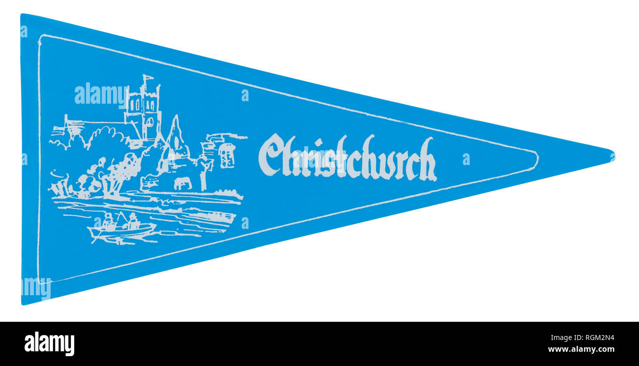 1970s car pennant for Christchurch in Hampshire silk screen printed on to vinyl plastic Stock Photo