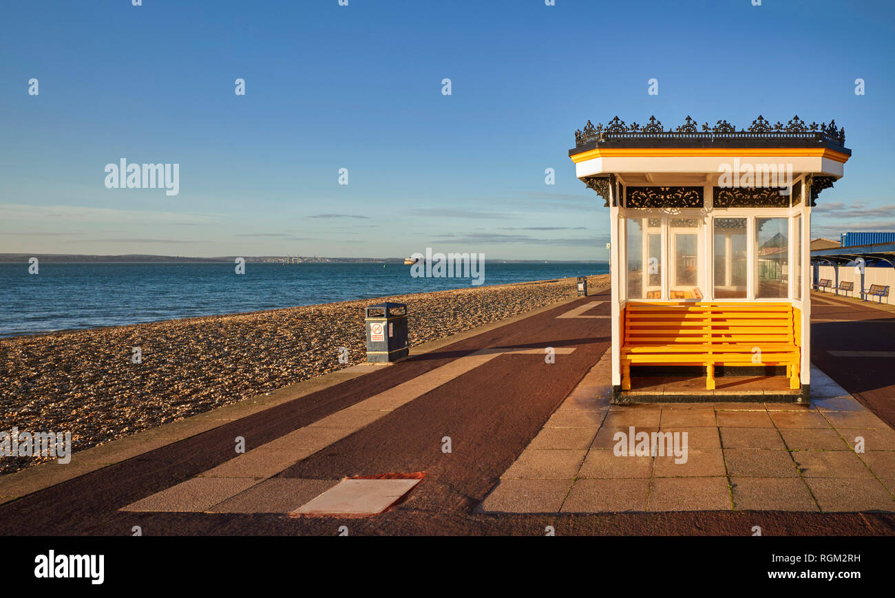 Seaside shelter at Southsea in Portsmouth on a sunny winter morning Stock Photo