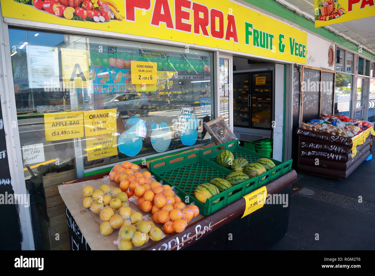 Fruit and vegetable shop in Belmont Road, Paeroa, New Zealand Stock