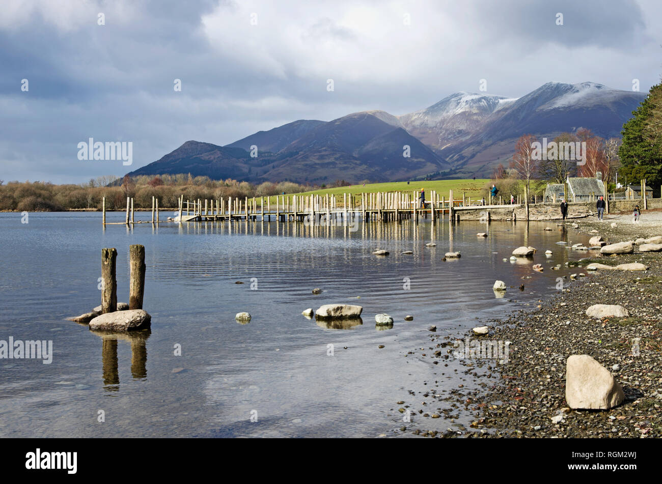 Visitors by Derwentwater lake shore and on wooden jetties by old boat house, winter, snow capped Skiddaw rising behind, Lake District Cumbria, England Stock Photo
