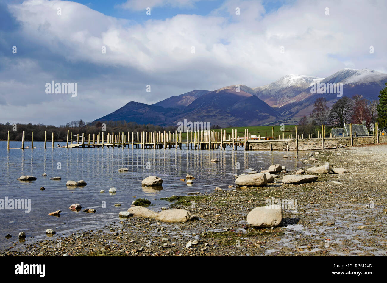 Keswick launch moorings and old Boat House, Derwentwater, with snow-capped Skiddaw rising behind, winter, Lake District, Cumbria, England UK Stock Photo