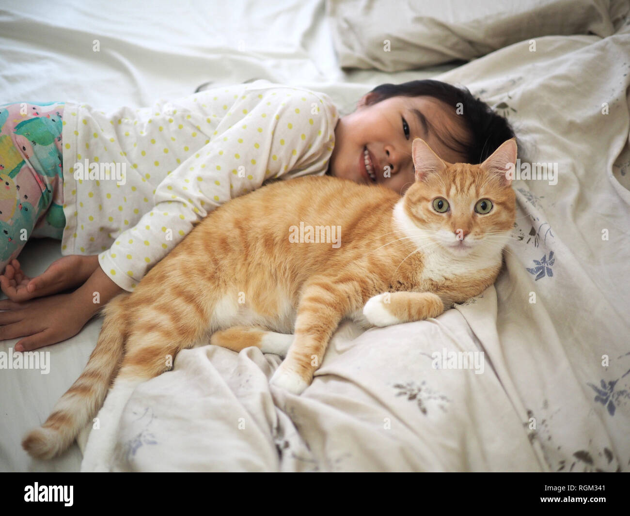 Kid hugging her orange tabby on the bed Stock Photo