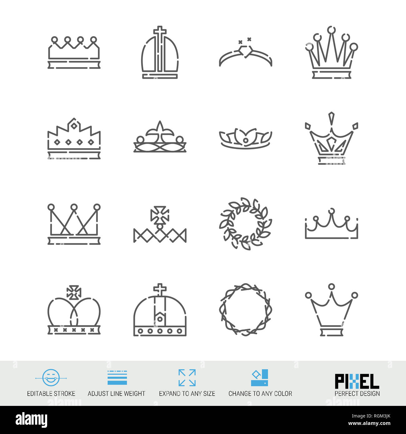 Line Icon Set. Success, Crowns, Achievment Related Icons. Royal Symbols, Pictograms, Signs. Pixel Perfect Design. Editable Stroke. Adjust Line Weight. Stock Photo