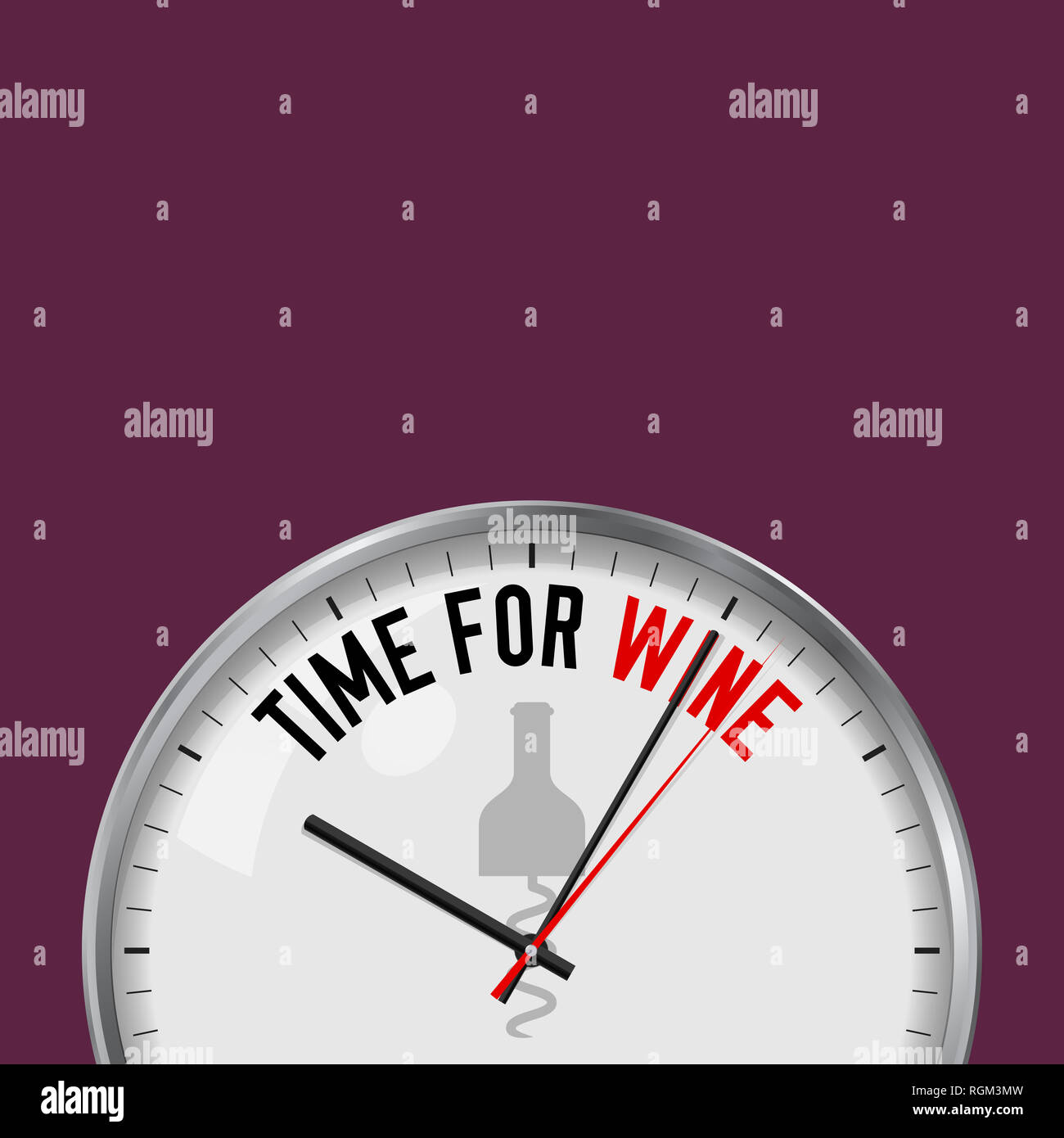 Time for Wine. White Clock with Motivational Slogan. Analog Metal Watch with Glass. Illustration Isolated on Solid Color Background. Bottle and Corksc Stock Photo