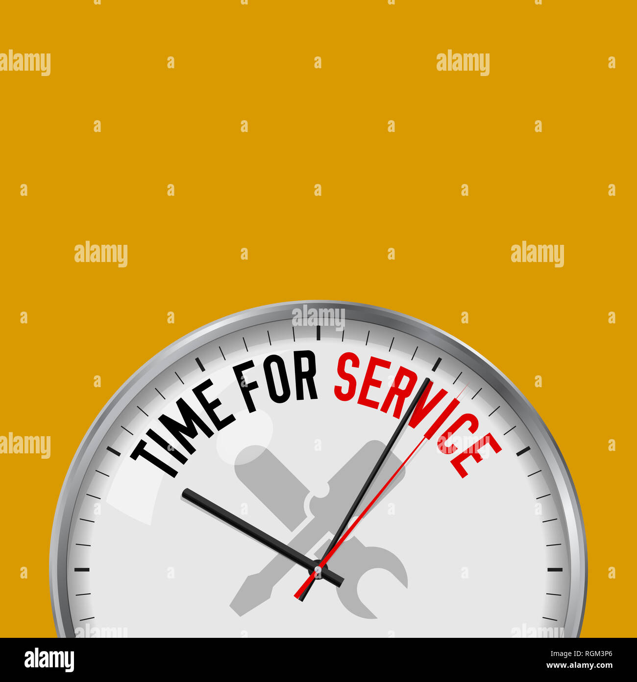 Time for Service. White Clock with Motivational Slogan. Analog Metal
