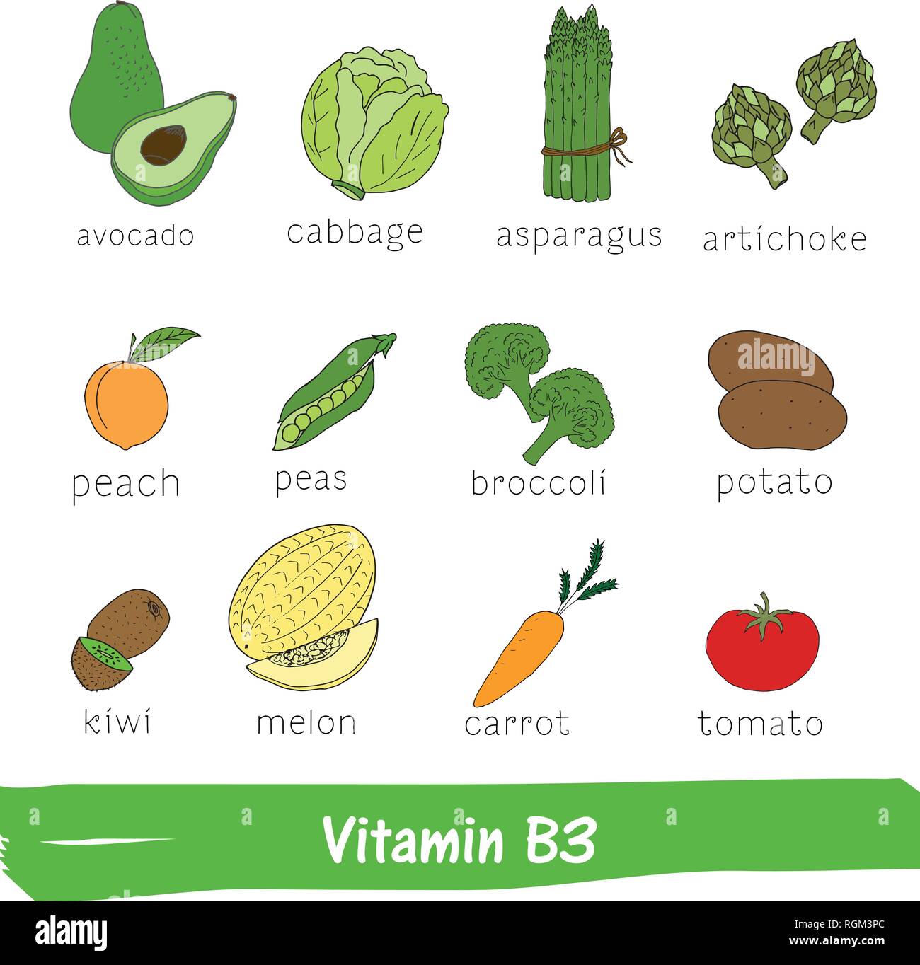 Vegetables and fruits with a high content of Vitamin B3. Hand drawn vitamin  set Stock Vector Image & Art - Alamy