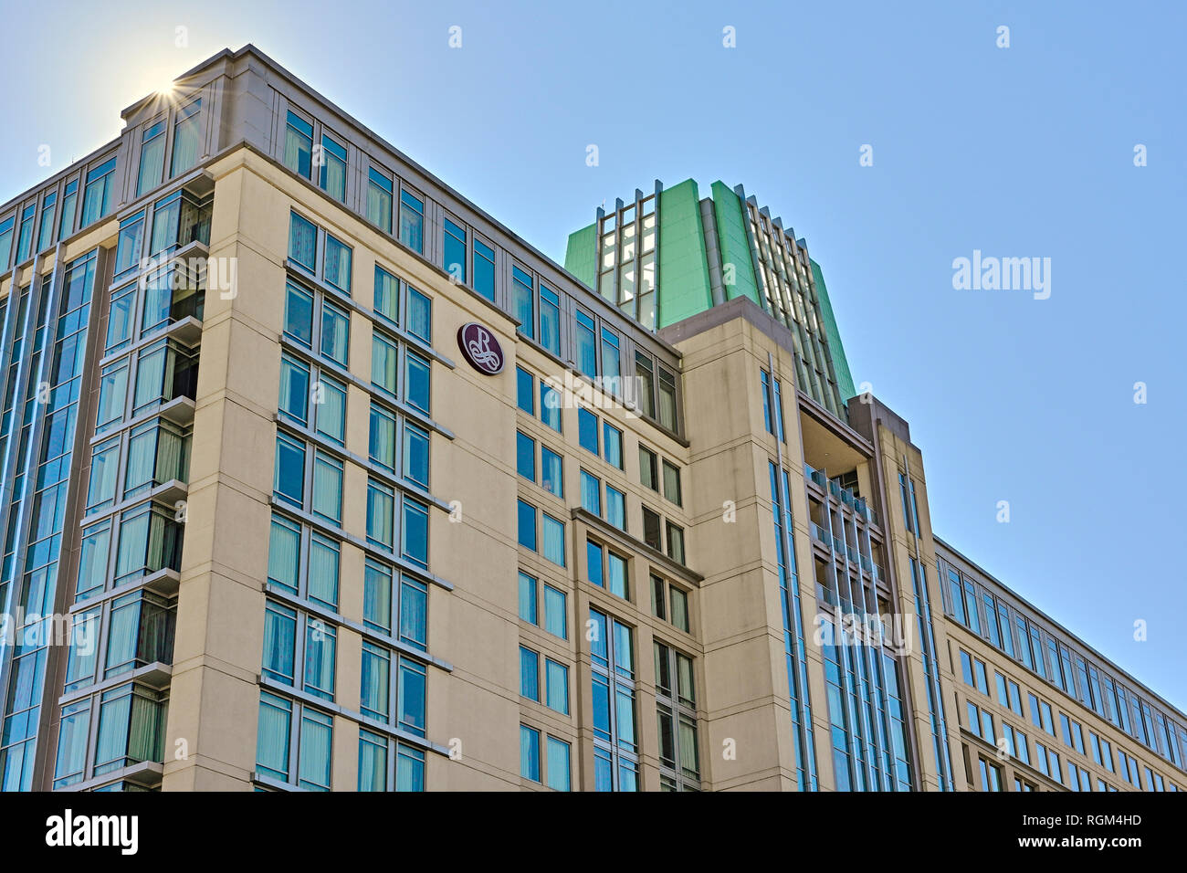 Renaissance Hotel exterior low angle view in urban downtown Montgomery Alabama, USA.  Example of a high-rise city building. Stock Photo