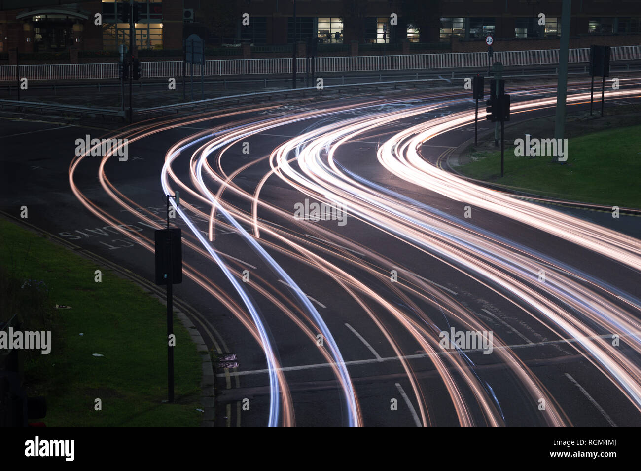 A long exposure showing traffic light trails in Sheffield City Centre