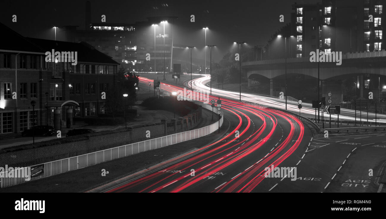 A long exposure showing traffic light trails in Sheffield City Centre
