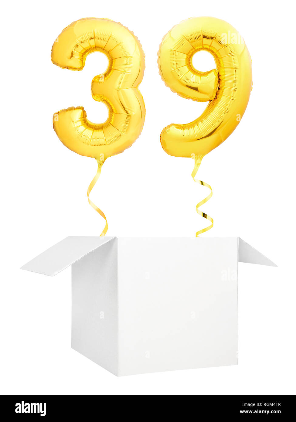 Golden number thirty nine inflatable balloon with golden ribbon flying out of blank white box isolated on white background Stock Photo