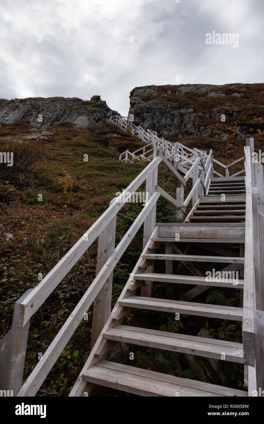 Wooden stairs going up a rocky cliff on the Atlantic Ocean Coast during a cloudy day. Taken at Dare Devil Trail, St. Anthony, Newfoundland, Canada. Stock Photo