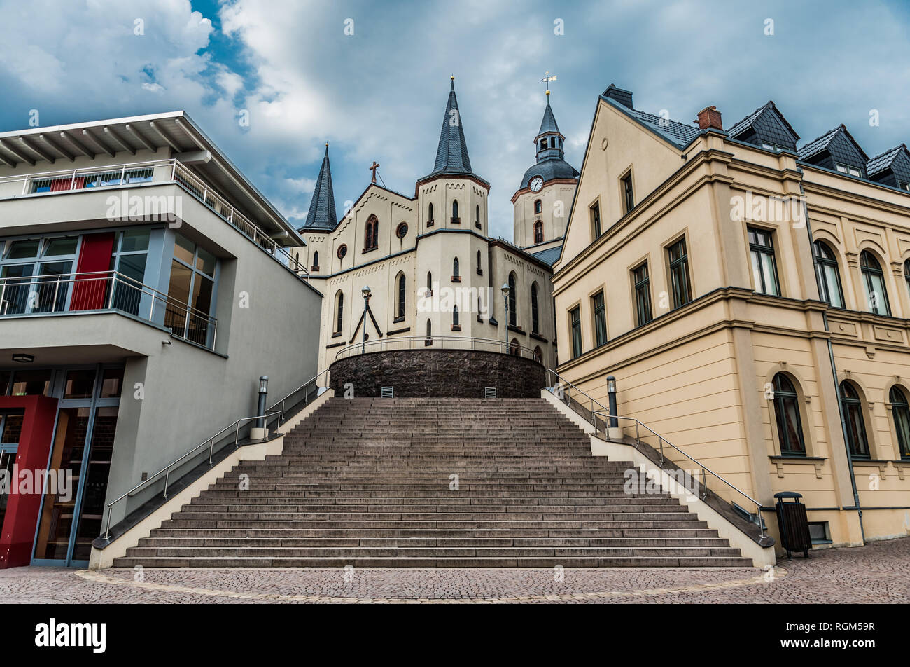 Church, stairs and part of the square, Old town Market square, Meerane, East Germany Stock Photo