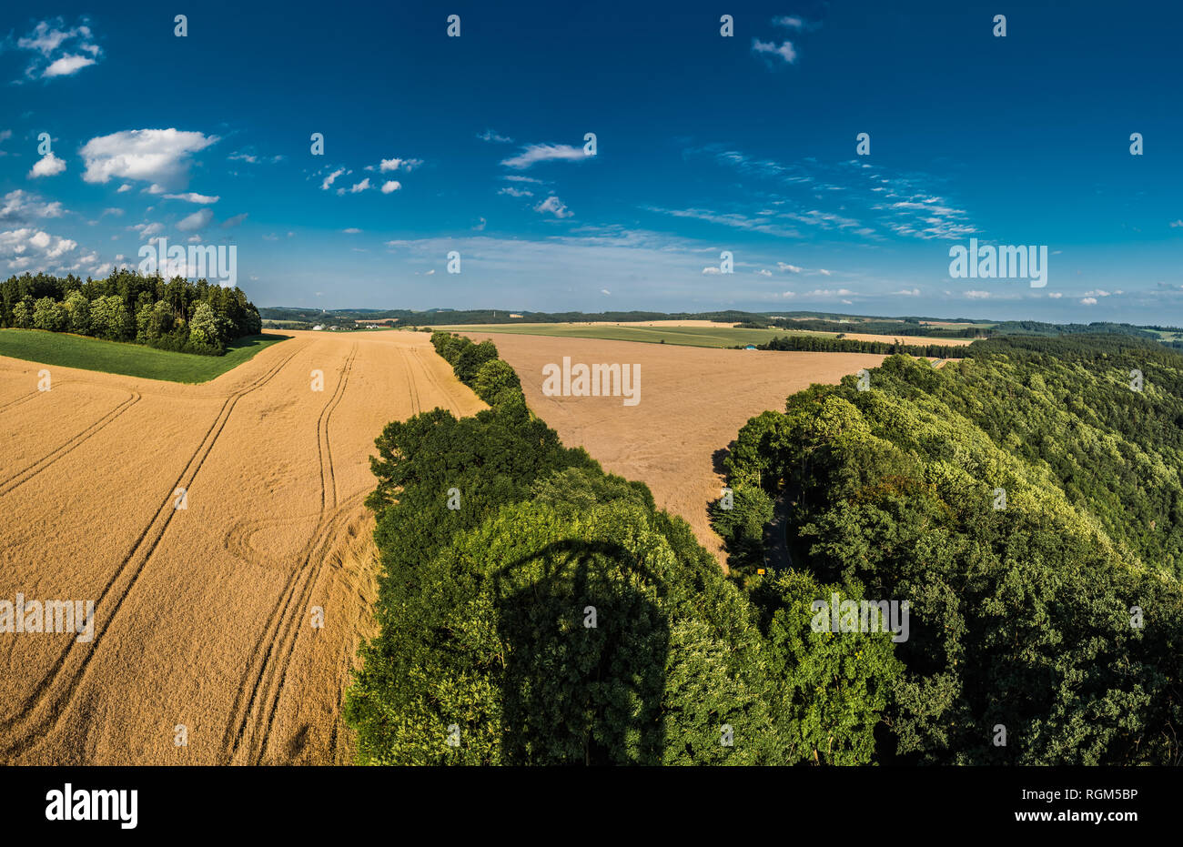 Extra large panoramic tower view of fields and woods at the German Countryside around Burgk, Ober Saale, Germany Stock Photo