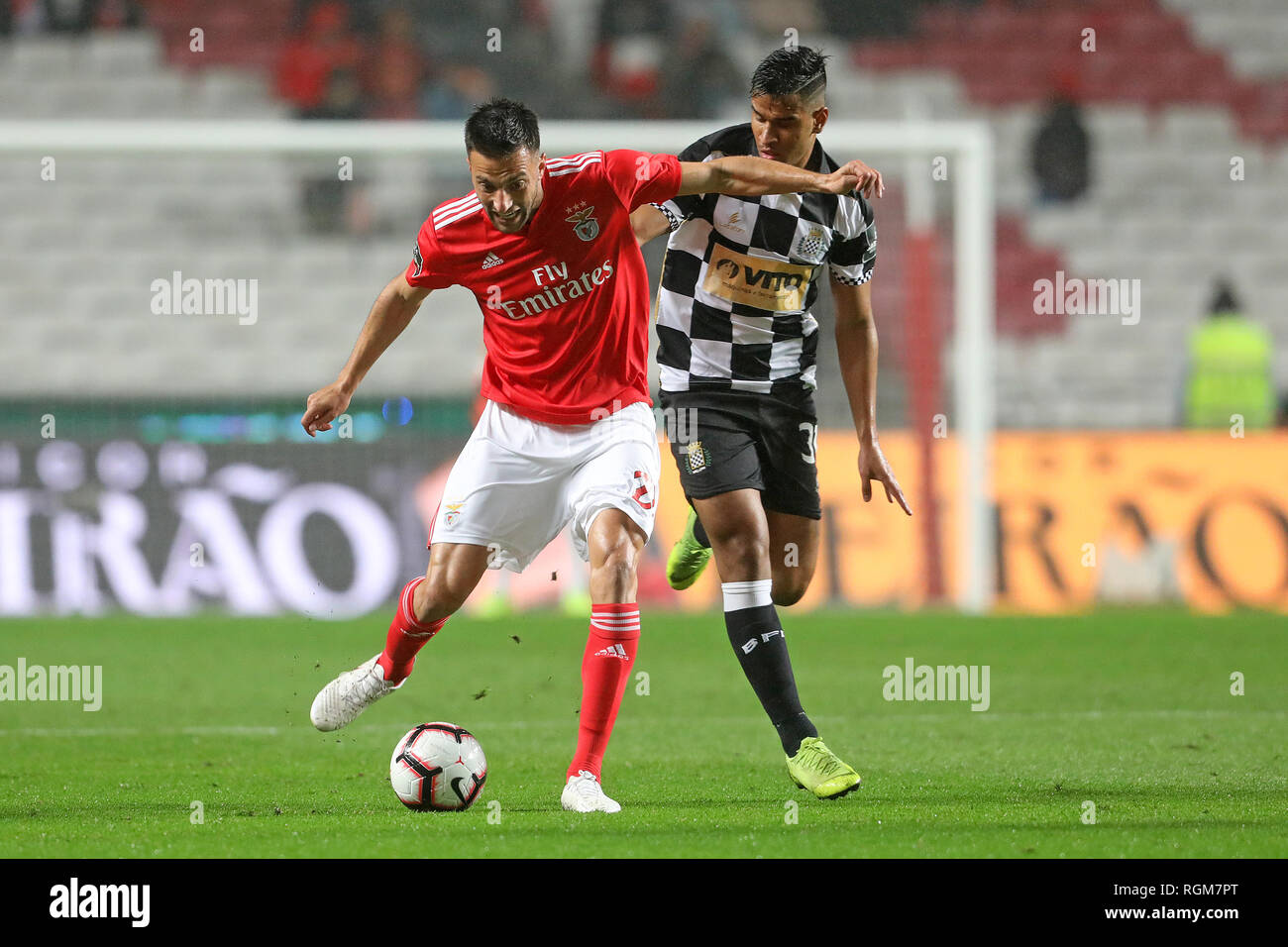 Andreas Samaris of SL Benfica (L) and  Matheus Índio of Boavista FC (R)  are seen in action during the League NOS 2018/19 football match between SL Benfica vs Boavista FC. (Final score; SL Benfica 5:1 Boavista FC) Stock Photo