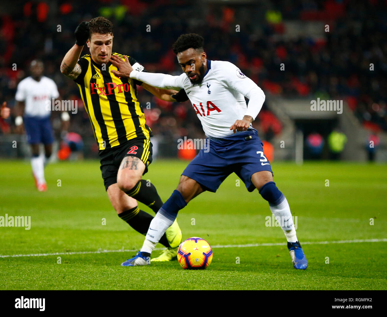 London, UK. 30th Jan, 2019. Tottenham Hotspur's Danny Rose holds of Watford's Daryl Janmaat during during English Premier League between Tottenham Hotspur and Watford at Wembley stadium, London, England on 30 Jan 2019 Credit: Action Foto Sport/Alamy Live News Stock Photo