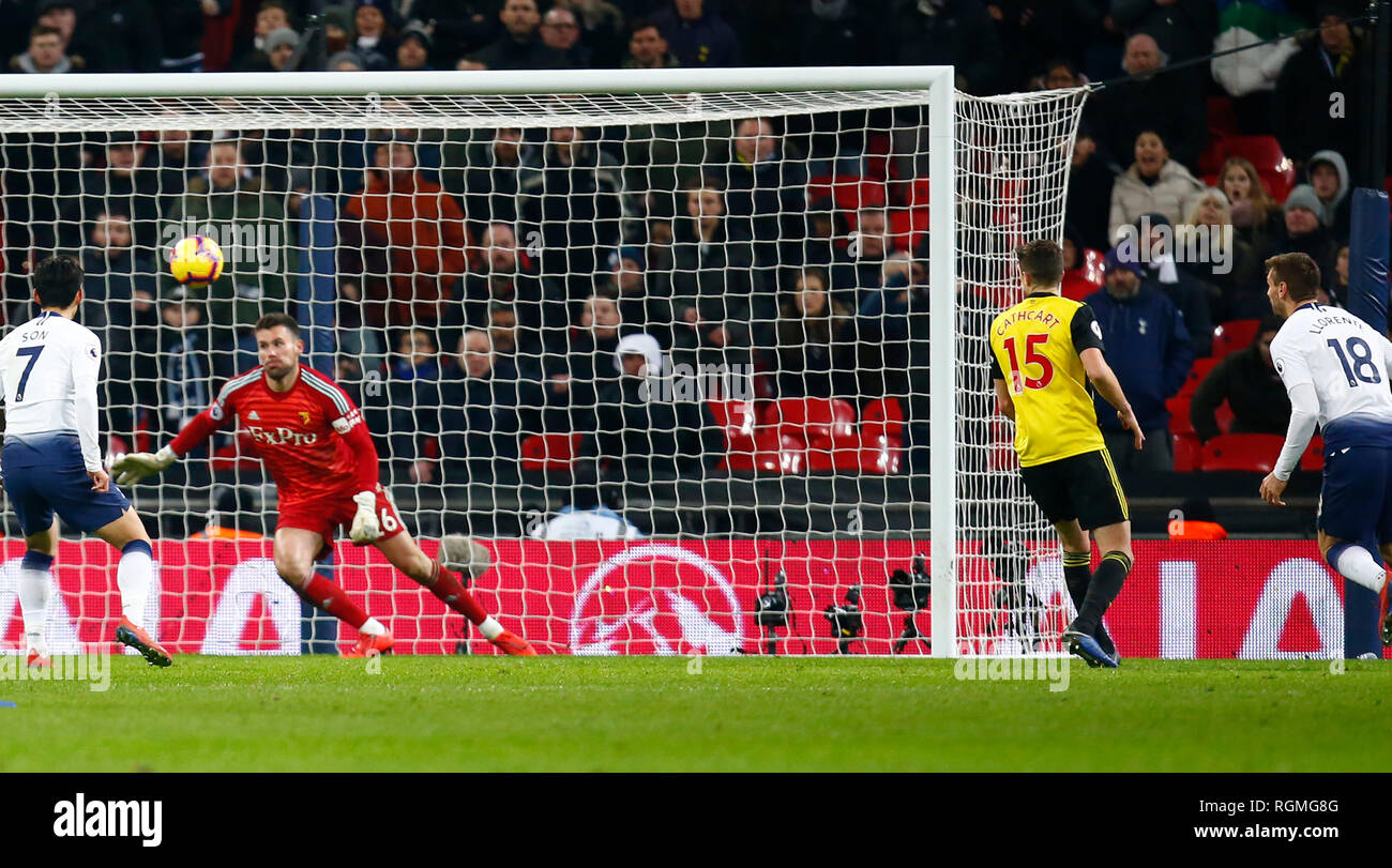 London, UK. 30th Jan, 2019. Tottenham Hotspur's Fernando Llorente scores his sides second goal during during English Premier League between Tottenham Hotspur and Watford at Wembley stadium, London, England on 13 Jan 2019 Credit: Action Foto Sport/Alamy Live News Stock Photo