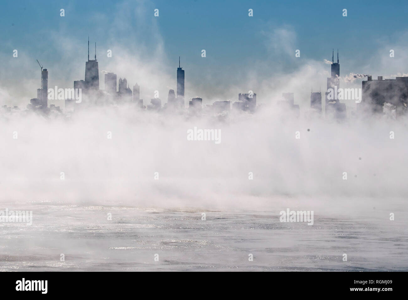 Beijing, China. 30th Jan, 2019. The Chicago skyline is seen from Montrose Harbor in Chicago, the United States, Jan.30, 2019. Chicago's record for coldest temperature was shattered on Wednesday as the polar vortex struck the biggest city in the U.S. Midwest, according to the National Weather Service (NWS). Credit: Wang Ping/Xinhua/Alamy Live News Stock Photo