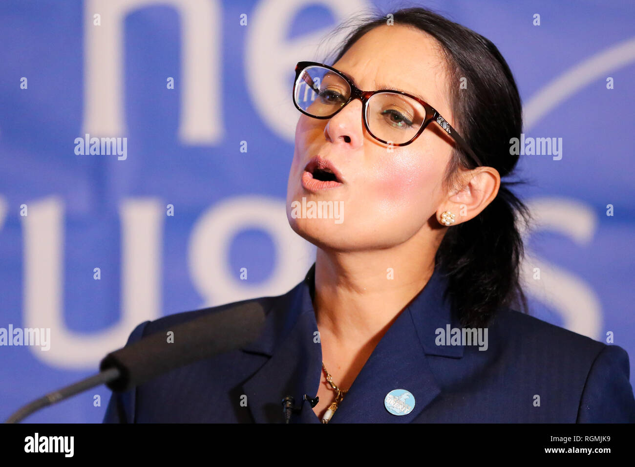 London, UK. 30th Jan, 2019. Priti Patel MP, former Secretary of State for International Development is seen speaking at the Bruges Group event focusing on issues of Britain outside the European Union. Credit: SOPA Images Limited/Alamy Live News Stock Photo