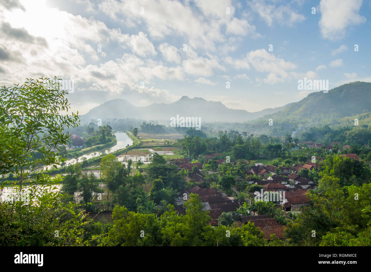 Landscape of valley and village Stock Photo - Alamy