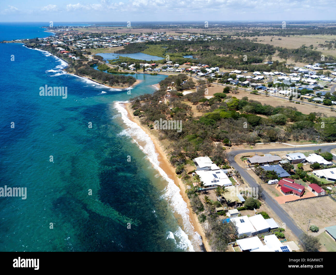 Aerial of coastal community of Innes Park on the Coral Coast near