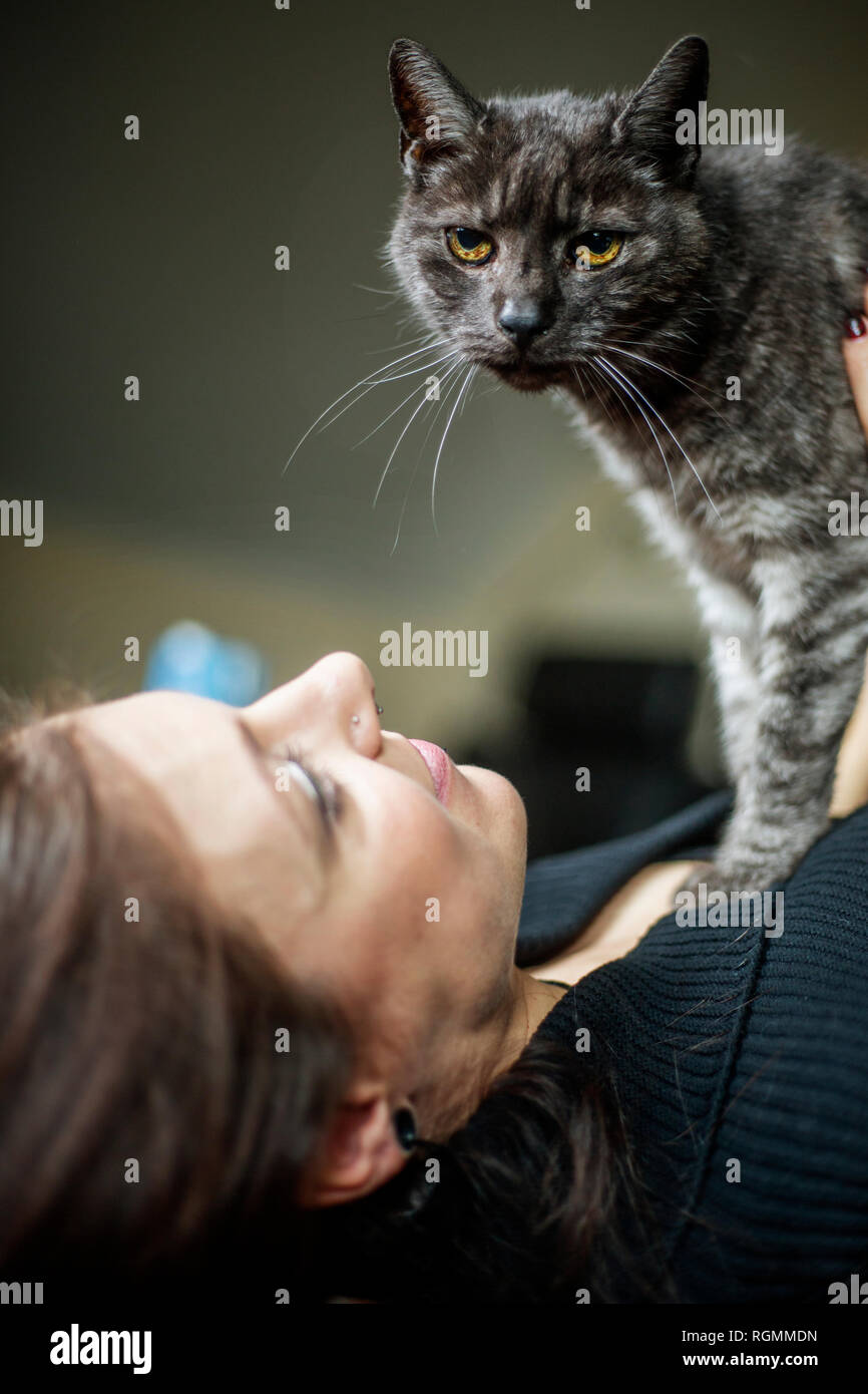 Portrait of grey tabby cat and owner at home Stock Photo