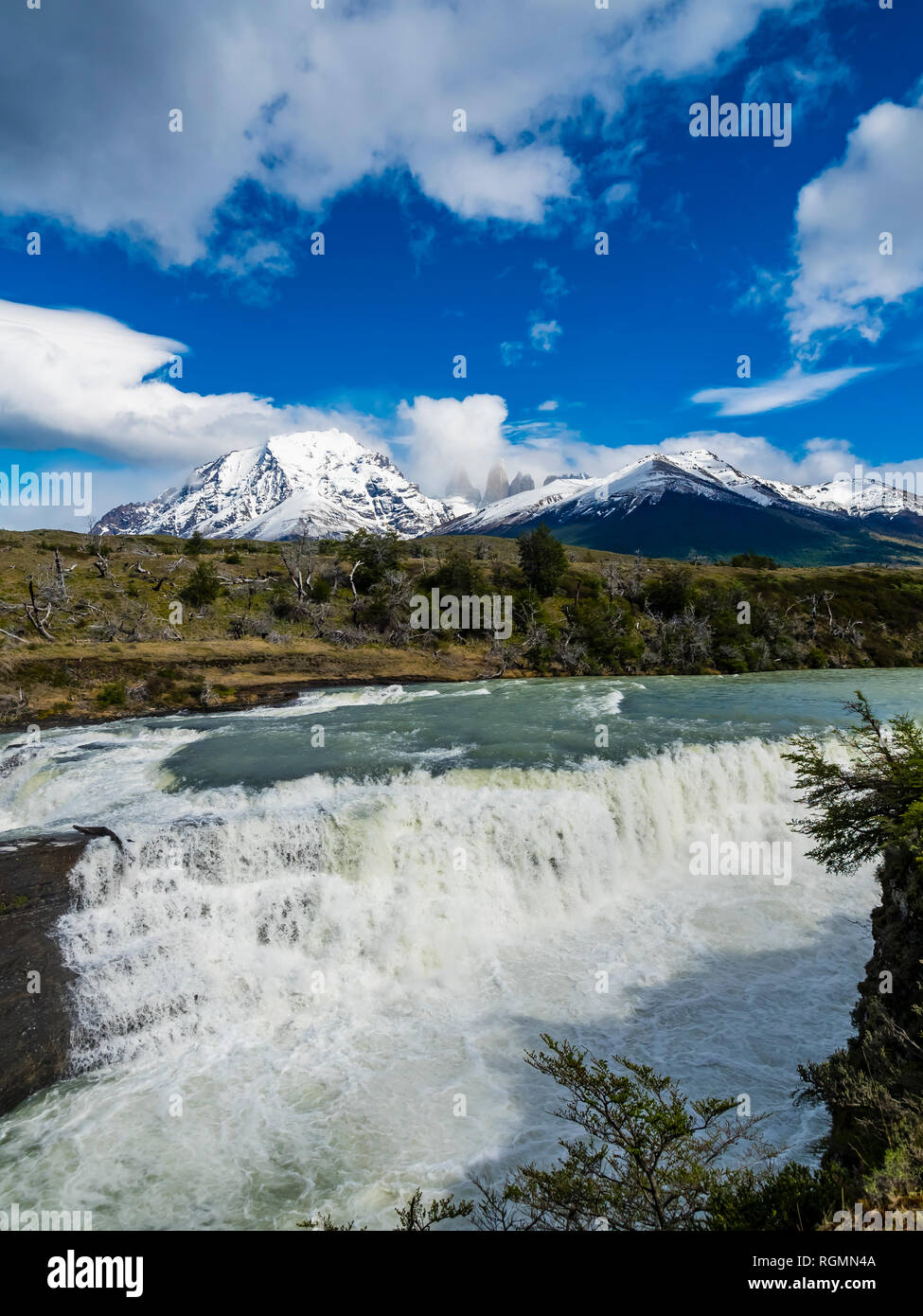 Chile, Patagonia, Magallanes y la Antartica Chilena Region, Torres del Paine National Park, Cerro Paine Grande and Torres del Paine, Rio Paine, catara Stock Photo