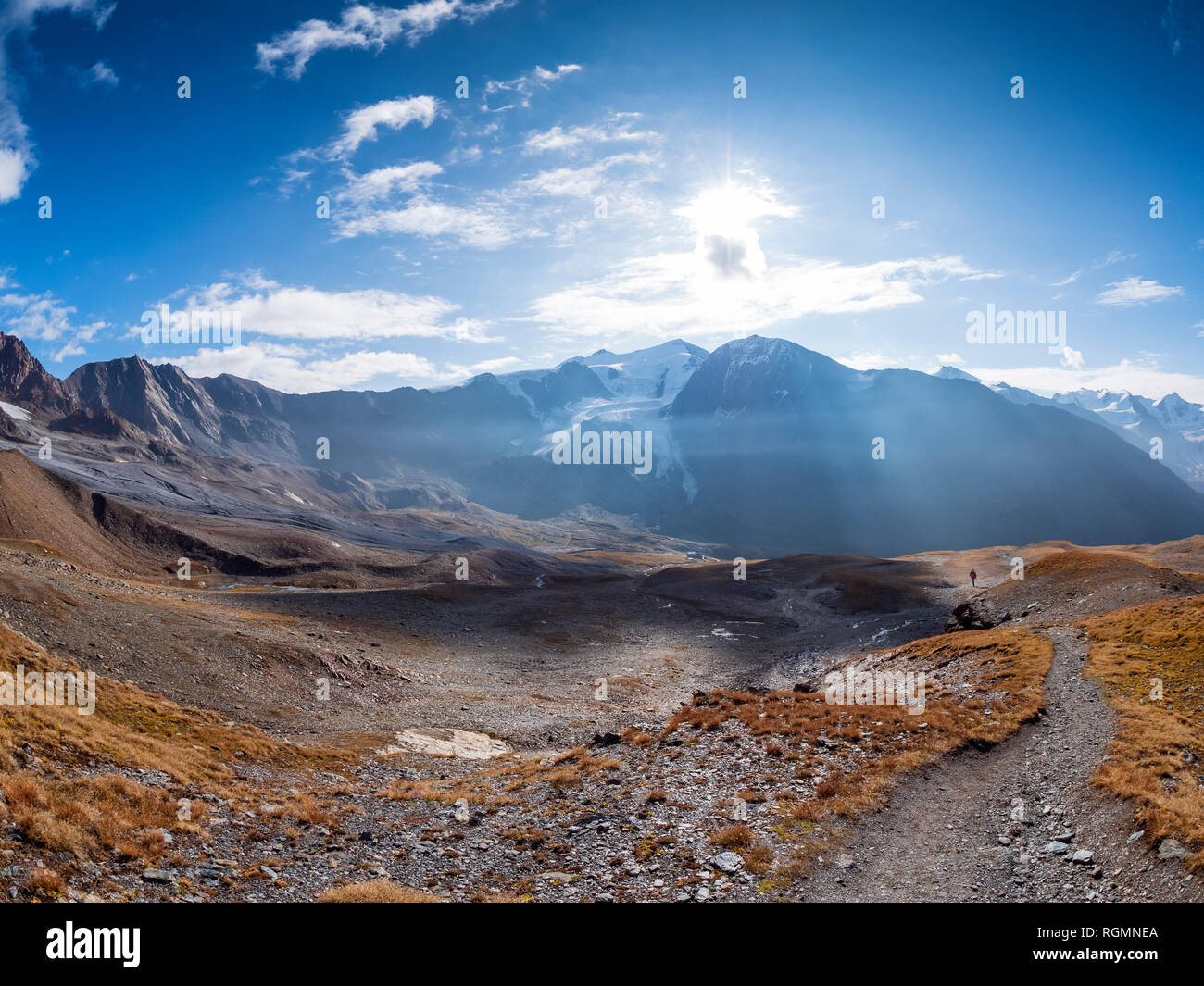 Italy, Trentino, Monte Cevedale, Punta San Matteo, hiker far-away Stock Photo